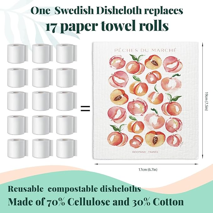 Swedish Dishcloths for Kitchen, Papaya Reusable Paper Towels Washable, Cucina Doliva Oranges Peach Lemon Swedish DishCloths for Friut, 4 Pack Dish Towels for Kitchen