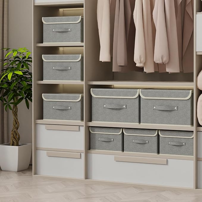Fabric Storage Bins Cube Organizers with Flip-Top Lid and Handles,Storage Boxes for Organizing Home,Office,and Closet,Grey,5 Pack 15 x 9.8 x 9.8 in