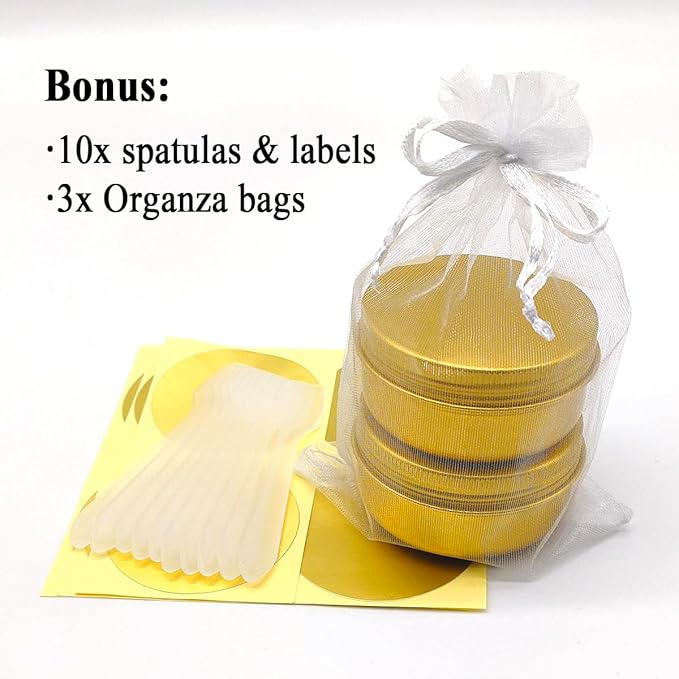 10pack 50ml Aluminum Tin, 50 Gram Gold Container Leak Proof Cosmetic Jars, 50g Small Makeup Containers Round Screw Lids for Cosmetic, Salves, Lip Balms, Toner, Cream, Candle, Tea, Beads, Wax