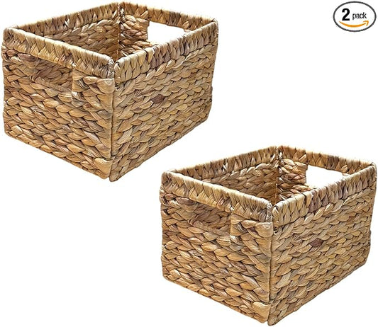 Wicker Basket For Shelves, Baskets for Organizing, Woven Storage Basket Built-in Handles for pantry, shelves, kitchen (Medium 2-Pack, Natural Water Hyacinth)