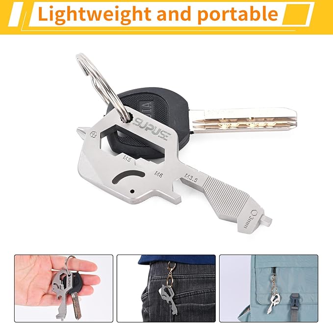 Key Shaped 20 In 1 Keychain Multitool - Pocket Utility Gadget, Bottle Opener Keychain, Wrench, Screw Drivers, Gift for Men and Women, Stainless Steel Keychain Utility Tool, Silver, 1 Pack