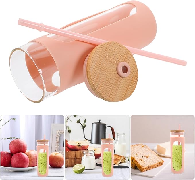 Ciieeo Glass Drinking Cup with Lid and Straw Reusable Glass Tumbler with Silicone Sleeve Coffee and Iced Tea Beverage Water Cup for Home and Travel
