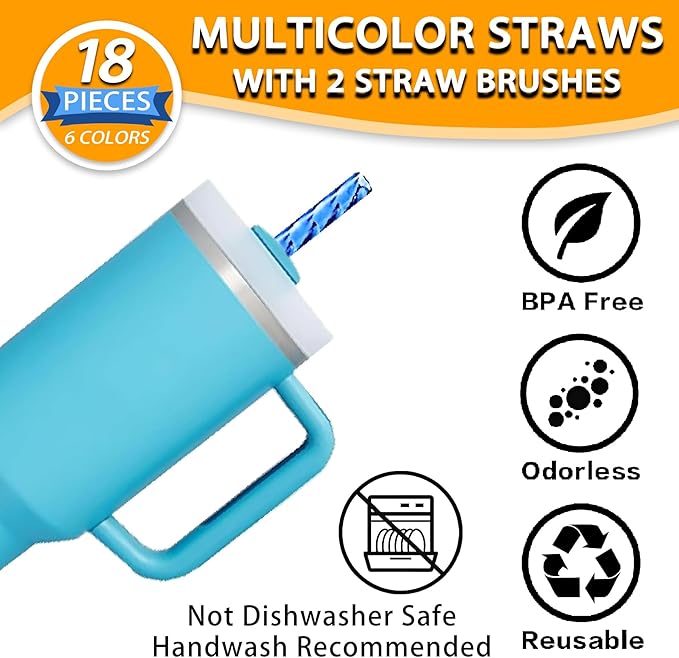18 PCS Replacement Straight Long Straws Compatible with Stanley 40 oz 30 oz 64 oz Tumbler- Stanley Replacement Plastic Straw,Reusable Drinking Straws for Stanley Cup Accessorie with 2 Cleaning Brush