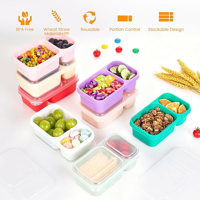 8 Pack Wheat Straw Snack Containers with Lids, 2-Compartment Reusable Bento Boxes for Meal Prep, Travel, Camping, and On-the-Go Snacks, Leak-Proof & Dishwasher Safe (8 Colors)