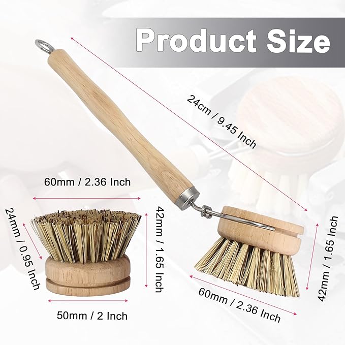 Wooden Dish Brush Set, 4 Natural Bristle Replacement Heads with 1 Sturdy Wooden Handle, Palm Kitchen Scrub Brush for Pots, Pans, Vegetables and Cookware