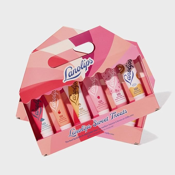 Lanolips Sweet Treats 101 Ointment Lip Balm Minis Gift Set - Strawberry, Coconutter, Watermelon, Raspberry Shortcake, Peach & Glazed Donut - Limited Edition Lanolin Skin Care Set (6 Pieces)