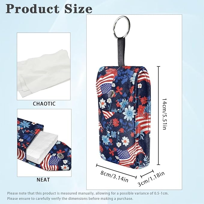 American Flag Floral Tissues Purse Pocket Portable Tissue Holder for Purse Coin Keys Tissues Packs with Hanging Rope for 4th of July Snap Button Enclosed