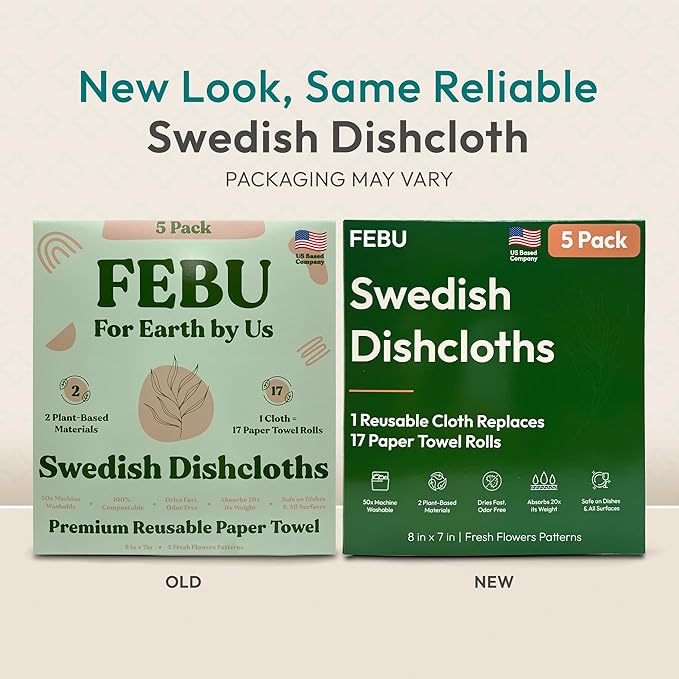 FEBU Swedish Dishcloths for Kitchen | 5 Pack Eastern Reusable Paper Towels Washable | Swedish Dish Towels | Non-Scratch Cellulose Sponge Cloths | No Odor, Biodegradable Cleaning Cloths