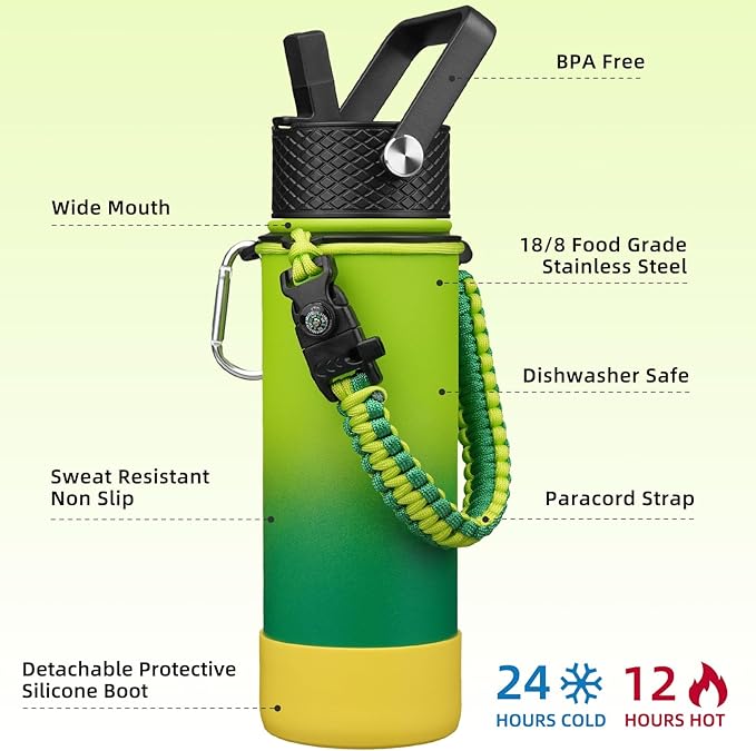 BJPKPK Insulated Water Bottle with Straw Lid, 22oz Thermal Flasks Water Bottles with 3 Lids, Paracord Handle & Non-slip Boot, BPA Free Leak Proof Stainless Steel Tumblers,Bamboo Grove