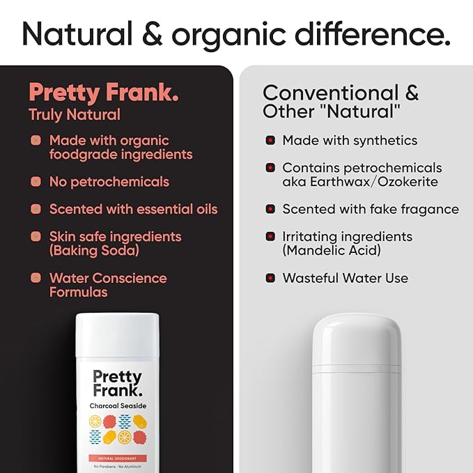 Pretty Frank Natural Aluminum-Free Deodorant Stick, Charcoal Seaside (2-Pack) | All-Day Odor Control for Women & Men | Effective, Safe, Organic Ingredients, Added Charcoal and Essential Oils