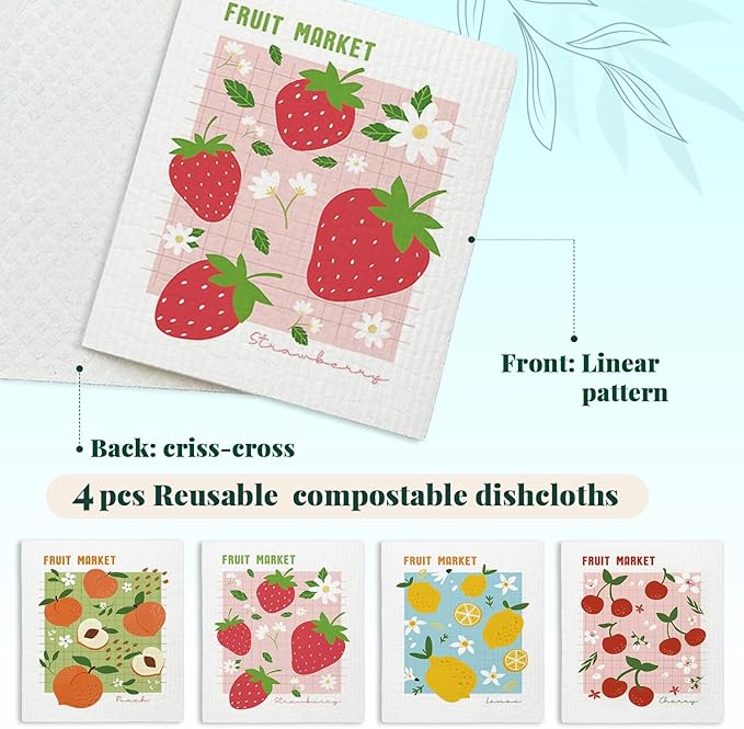 Swedish Dishcloths for Kitchen, Pink Strawberries Peach Cherry Lemon Swedish DishCloths for Friut Market, 4 Pack Dish Towels for Kitchen, Papaya Reusable Paper Towels Washable