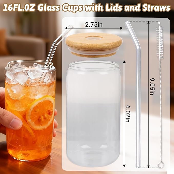 Glass Cups with Lids and Straws 16 oz, 4-Pack Borosilicate Glass Tumbler with Bamboo Lids & Glass Straws, for Iced Coffee, Bubble Tea, Beer, Reusable Drinking Glasses Set Include Cleaning Brush