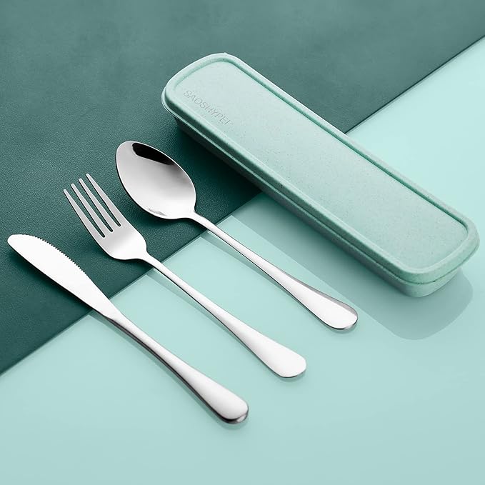 Travel Utensils with Case,SAOHYPEI Portable Silverware Set for Work, 4-Piece Stainless Steel Portable Cutlery Set,Lunch Box for Camping Work School, Include Fork Spoon Knife, Dishwasher Safe,Silver