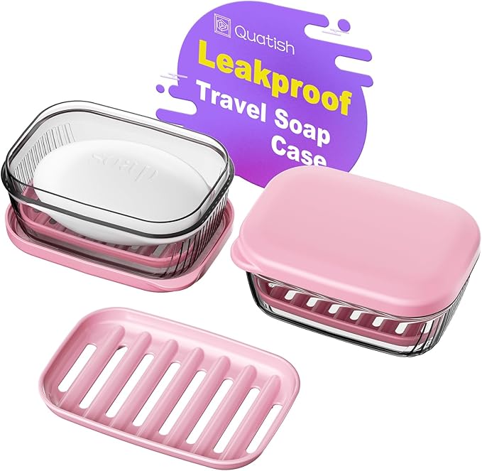 Quatish Bar Soap Holder Dish, Leakproof Travel Soap Case for Shower, Portable Travel Size Toiletries Camping Essentials for Gym, Dorm, Bathroom, Pink