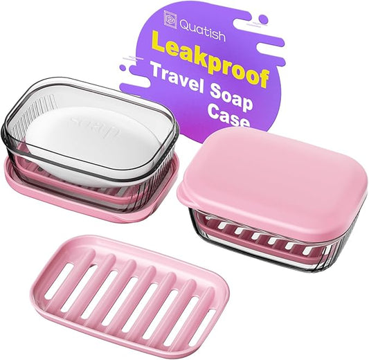 Quatish Bar Soap Holder Dish, Leakproof Travel Soap Case for Shower, Portable Travel Size Toiletries Camping Essentials for Gym, Dorm, Bathroom, Pink