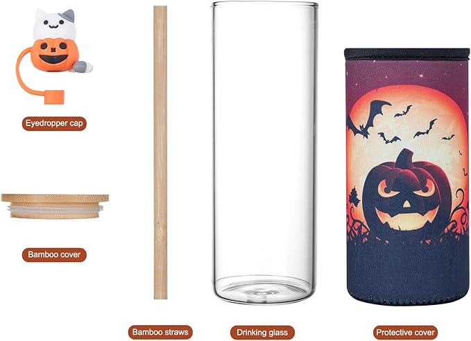 Aanyinuo-16.6 oz (approx. 491 ml) glass cup with bamboo straw and bamboo cup lid - coffee cup with neoprene protective layer - cold drink cup - BPA free - ocean pattern