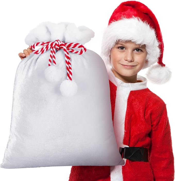 Shappy 2 Pieces Christmas Velvet Santa Bags with Drawstring in 2 Size Large Christmas Bags Santa Gift Sack for Xmas Playing Present Toy(White)