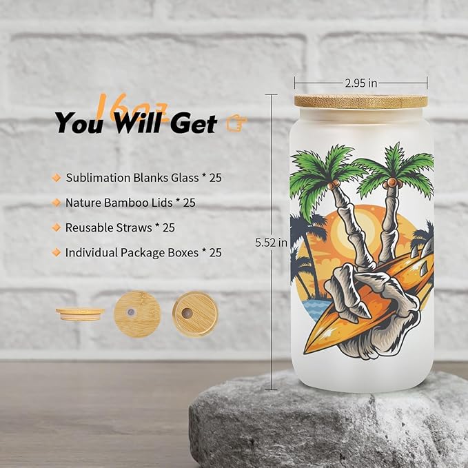 AGH Sublimation Glass Cup with Bamboo Lids and Straws 16oz Blanks Can Shaped Drinking Glasses 12Pack Frosted Beer cup for Iced Coffee, Milk, Juice.