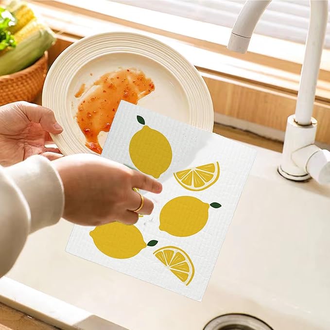 Swedish Dishcloths for Kitchen, Papaya Reusable Paper Towels Washable, Lemon Summer Swedish DishCloths for Friut, 4 Pack Dish Towels for Kitchen, No Odor Cleaning Cloths