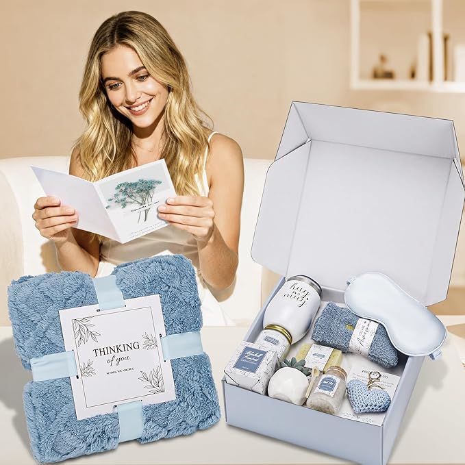 Get Well Gifts for Women Self Care Gifts Basket - Relaxing Spa Care Package After Surgery Thinking of You Birthday Gift - Feel Better Sympathy Gift Set for Her Mom Sister Friend Wife (Blue)