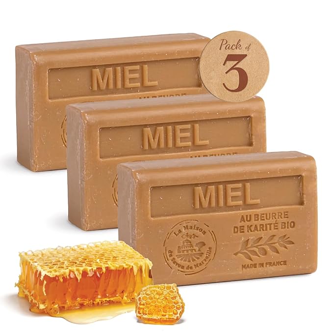 Hand & Body Soap Bars Trio - Honey Moisturizing French Soap with Organic Shea Butter - Rich Creamy Lather - 97% Natural Ingredients - Solid Bath Cleanser Made in Provence - 3x4.4 oz