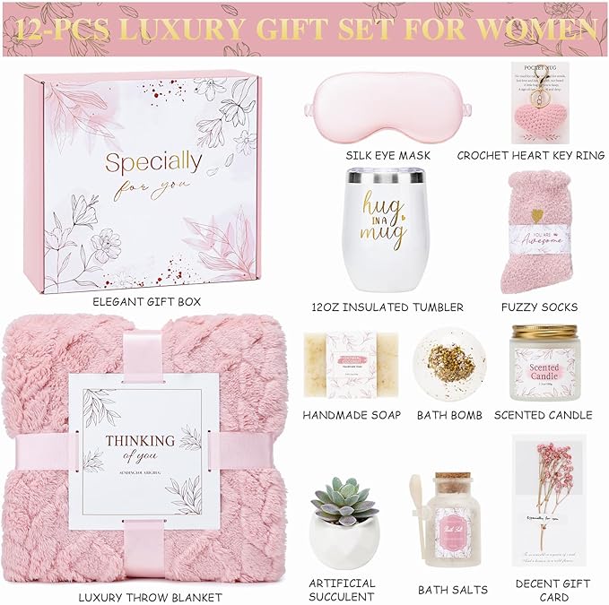 Get Well Gifts for Women Self Care Gifts Basket - Relaxing Spa Care Package After Surgery Thinking of You Birthday Gift - Feel Better Sympathy Gift Set for Her Mom Sister Friend Wife (Pink)