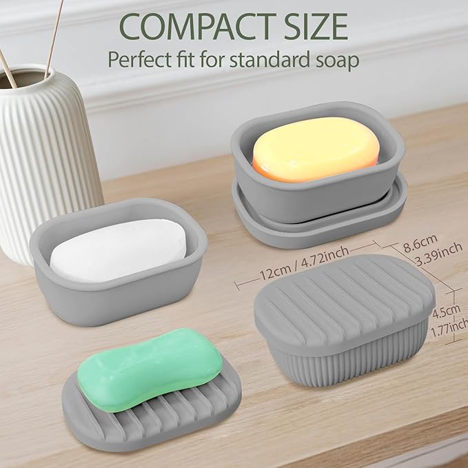 Leakproof Silicone Travel Soap Case with Drainage Layer, Silicone Bar Soap Holder Compact Portable Shatterproof Soap Container Box for Bathroom Gym Camp Travel Toiletries (Gray, Drainage Lid)