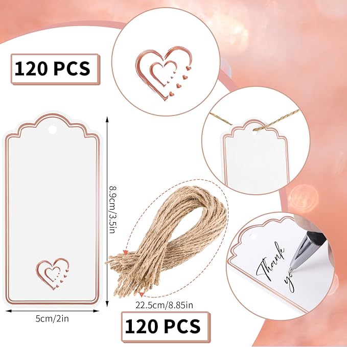 120 PCS Gift Tags with String Attached Foil Rose Gold Heart Paper Tags Writable Blank Tag for Gift Bags Valentine's Day Mother's Day Wedding DIY Craft Project Stocking Stuffers 3.5''×2''