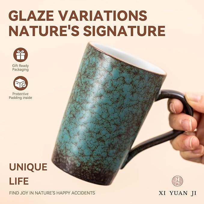 11oz Peacock Green Ceramic Mug, 1340℃ Kiln-Change Unique Glaze Coffee Cup - Lead-Free, Microwave Safe, Handcrafted Gift for Tea/Coffee Lovers
