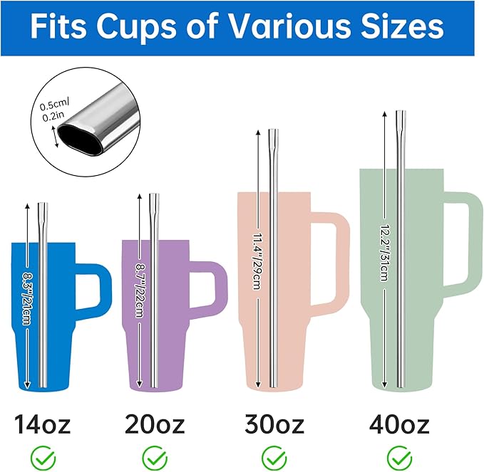 NiHome 8-Pack Anti-Wrinkle Flat Tip Stainless Steel Straws with 2 Brushes & Portable Storage Bag, 4 Lengths for 14oz 20oz 30oz 40oz Tumblers, Dishwasher Safe Lip-Friendly Reusable Drinking Straws