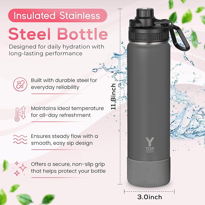 Y TOP 24oz Insulated Water Bottle Cup Holder Friendly, Leak Proof Spout Lid, Double Wall Insulation, Dishwasher Safe, Easy Clean Stainless Steel Water Bottle for Gym Kids Sports Travel School Hiking