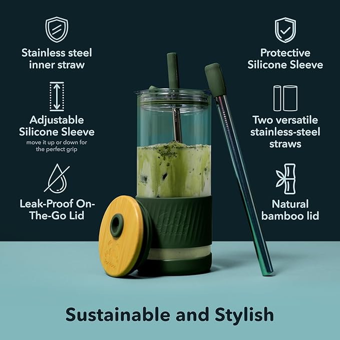 Pandaloo® Glass Cups With Lids and Straws -20 Fl Oz- Perfect Size Iced Coffee Cup - Smoothie Cup With Bamboo Lid and On the go Lid - Glass Tumbler With Straw (1 Count (Pack of 1), Vanilla Cream)