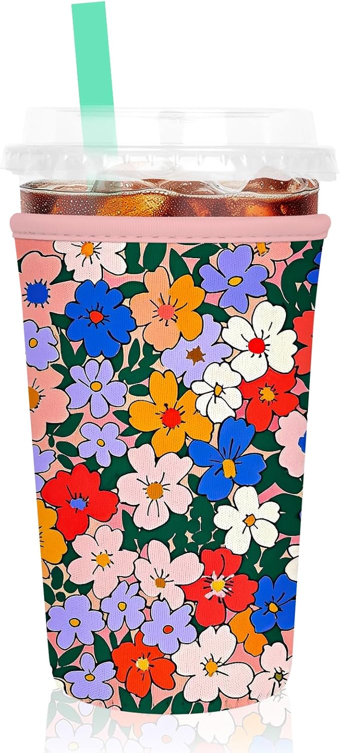 Iced Coffee Sleeve, Reusable Insulated Neoprene Cup Sleeve for Cold & Hot Drinks Beverages, Cup Holder for 32oz Coffee Cups, Watercolor Flowers