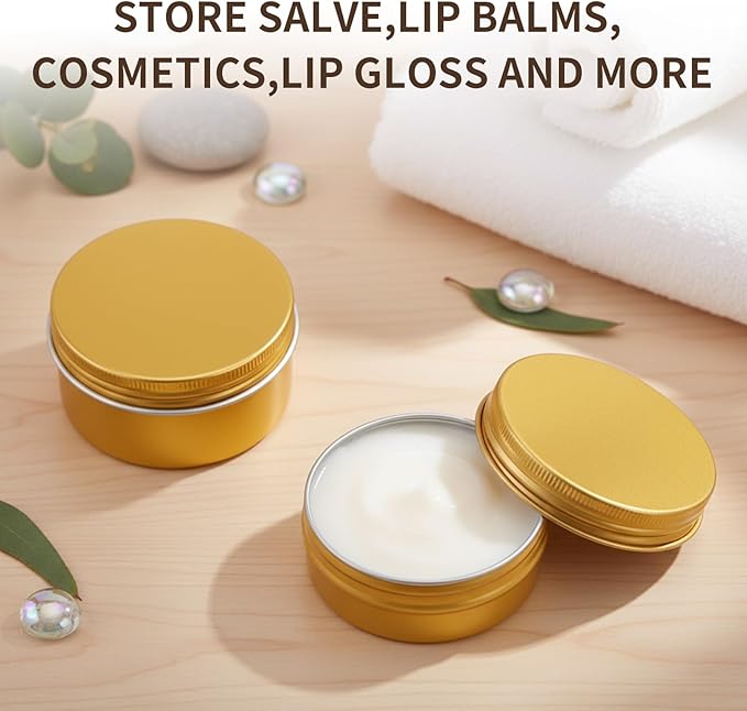Patelai 72 Pcs Aluminum Tins 36pcs 2oz+4oz 36pcs Salve Containers with Screw Lid and Labels Round Cans Travel Cosmetic Metal Tins Jar for Candles Lotion Bars Balms Food Spice Candies DIY Crafts(Gold)
