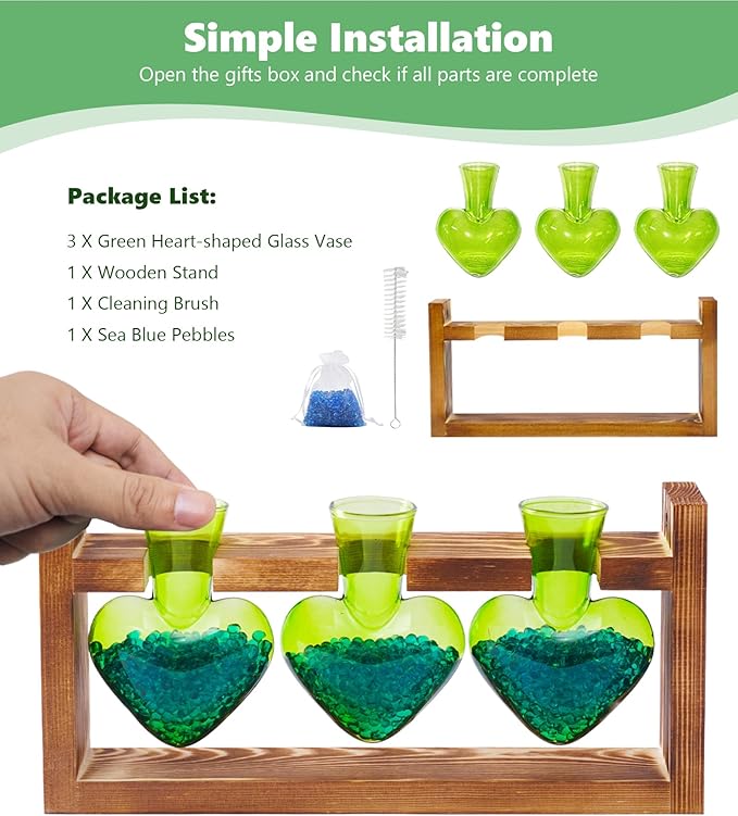 Nacome Plant Terrarium Propagation Stations: Air Planter 3 Bulb Glass Heart Shaped Vase with Wooden Stand for Hydroponics Home Office Decor - Christmas Gifts for Plant Lovers Women Mom Wife(Green)