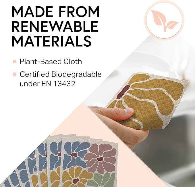 Swedish Wholesale Swedish DishCloths for Kitchen- 10 Pack Reusable Paper Towels Washable - Eco Friendly Cellulose Sponge Microfiber Dish Cloths - Kitchen Essentials - Retro Flower