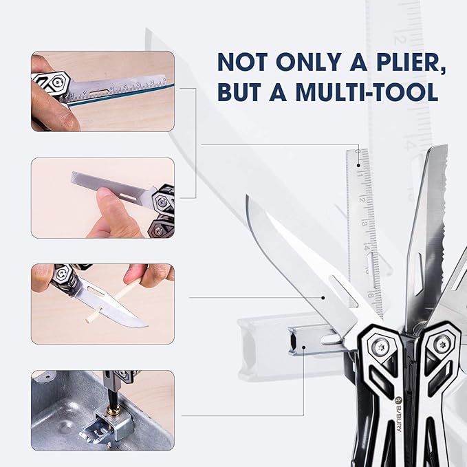 Christmas Gifts for Men Him Dad, BIBURY Multitool with Pocket Knife, 21-in-1 Stainless Steel Pliers with Screwdriver, Safety Locking Multi tools with EDC Knife for Survival, Camping, Fishing, Repair