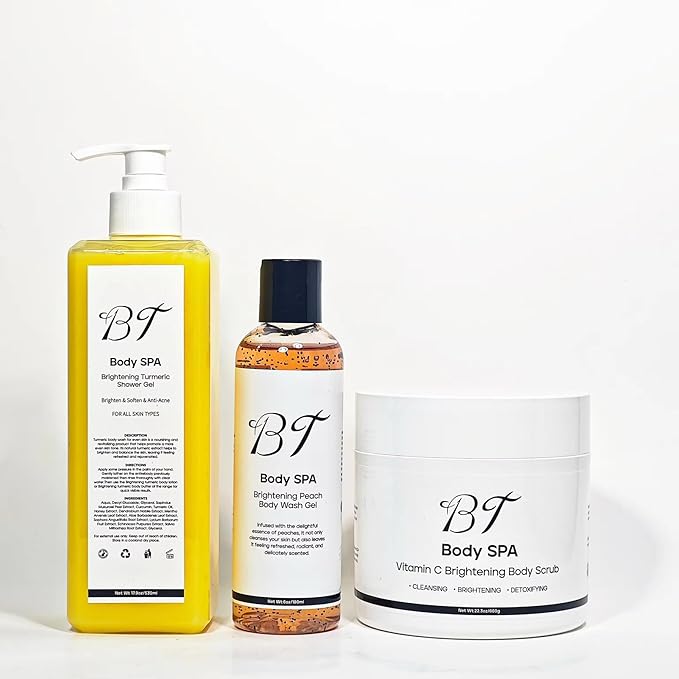 BT Body Spa Vitamin C Body Scrub Set – Brightening Exfoliating Scrub, Peach Body Wash & Turmeric Shower Gel for Smooth, Even-Tone Skin