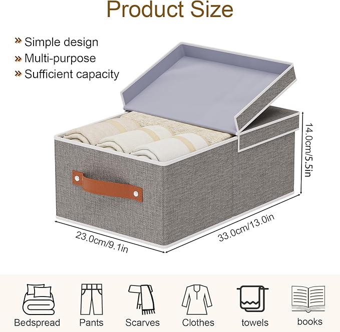 3-Pack Storage Boxes, Foldable Blanket Basket with Detachable Lid, Linen Closet 0rganizers with Double Handles, Collapsible Cubes for Organizing, Grey, 13 x 9.1 x 5.5 inch