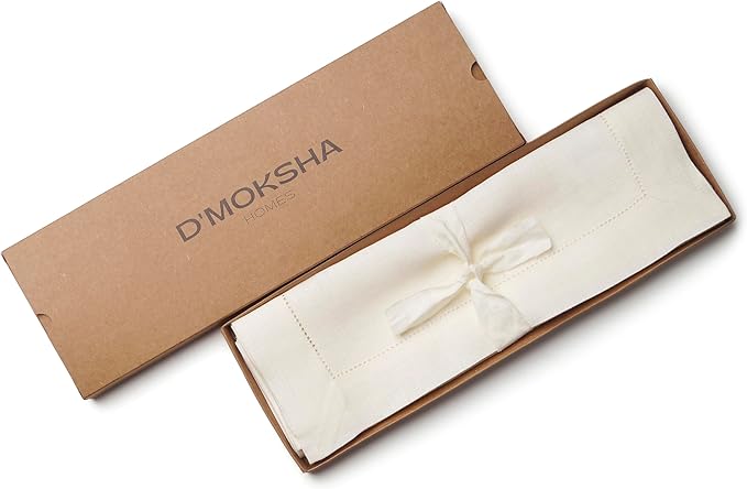 D'Moksha Homes Linen Placemats Set of 4 - Classic Hemstitch Ivory Placemats 14 x 19 Inch - 100% Pure Linen Table Mats for Winter, Christmas, Holiday - Handcrafted and Machine Washable