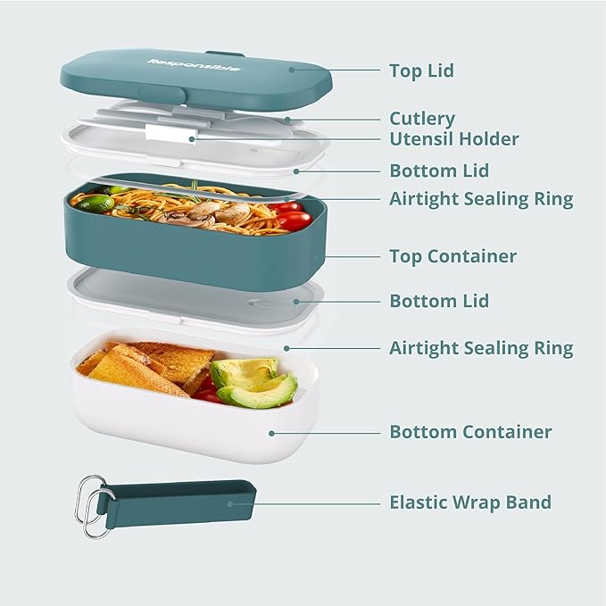 Responsible Products Leak Resistant Bento Box with Tableware for Adult - Teens, Insulated Lunch Box for Women - Men - Girls - Boys, BPA Free, Dishwasher Safe, Microwave Safe, Freezer Safe, 46 oz