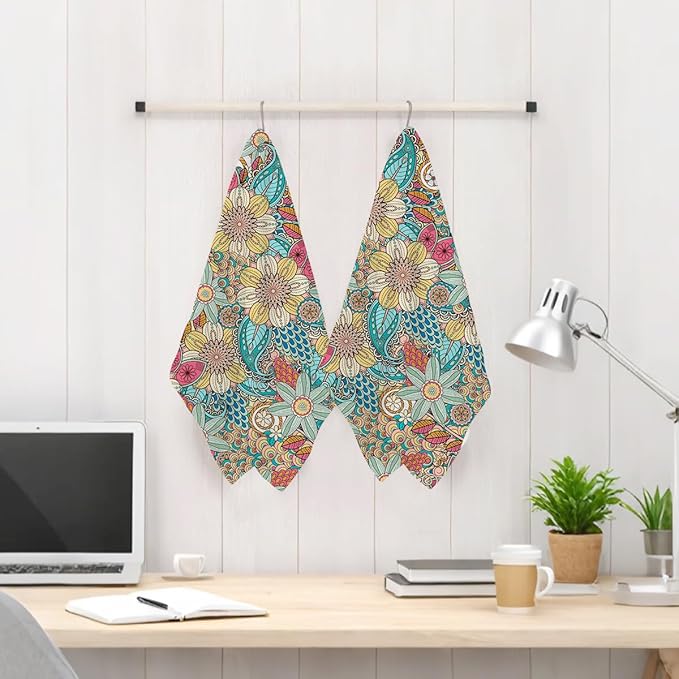 2Pcs Boho Floral Art Kitchen Towels 24x14 Inch, Vintage Flower Seamless Pattern Hand Towels for Kitchen Home Farmhouse Decor, Absorbent Microfiber Dish Cloth Tea Towel, Housewarming Gifts for Women