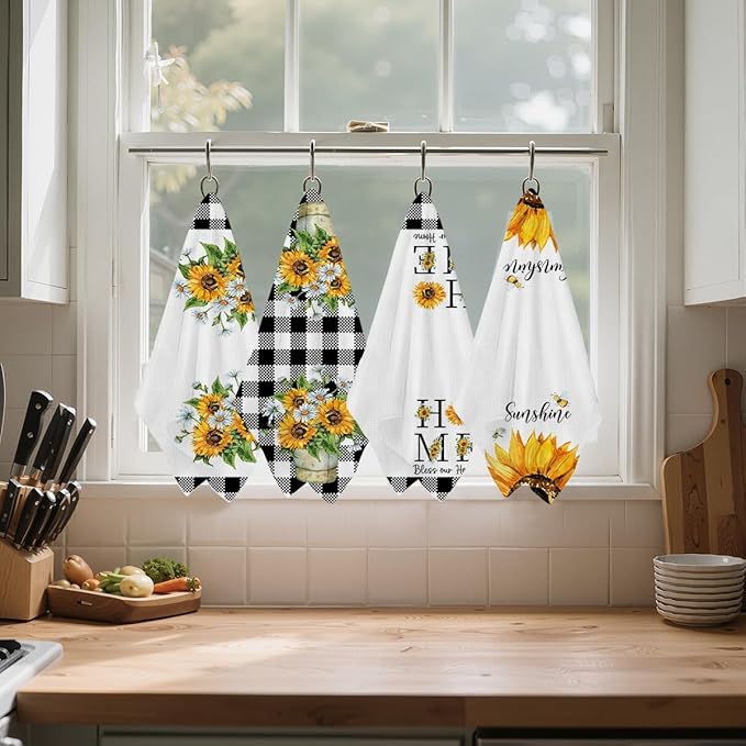 Jztco 4Pcs Sunflower Kitchen Towels 24x14 Inch, Spring Summer Floral Checkered Hand Towels for Kitchen Farmhouse Decor, Absorbent Dish Cloth Tea Towel, Sunflower Gifts for Women Mom, Bless Our Home