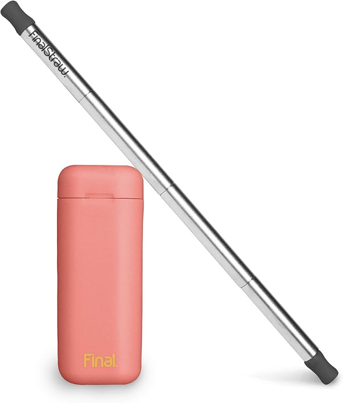 FinalStraw Collapsible, Reusable, Metal Straw | Travel Case, Cleaning Tool | Easy to Clean | Stainless Steel and 100% Silicon Tips | Eco-Friendly | Healthy Coral Case, Silver Stainless Steel