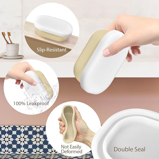 Leakproof Silicone Travel Soap Case with Drainage Layer, Silicone Bar Soap Holder Compact Portable Shatterproof Soap Container Box for Bathroom Gym Camp Travel Toiletries (Sand, Clear Lid)