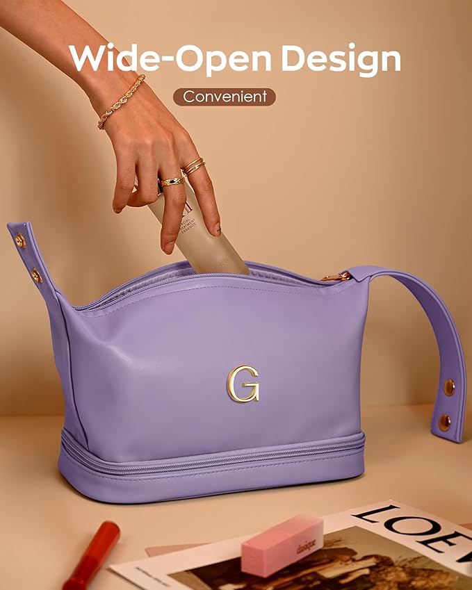 Gifts for Friends Female Mom, Letter Makeup Bag, Personalized Double Layer Cosmetic Bag with Makeup Brush Organizer, Waterproof, Large Capacity PU Leather Travel Toiletry Bag, Gift for Wife