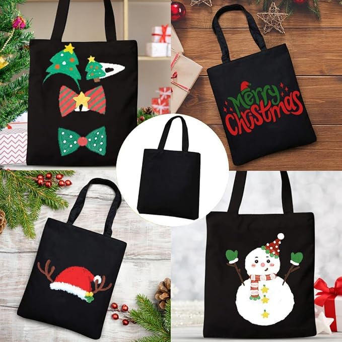 Faylapa 3 Pack Canvas Tote Bags, Heavy Duty Reusable Grocery Shopping Bag 13.6"x 15.3" Blank Cotton Bags for Decorating Christmas Crafts DIY, Painting(Black)