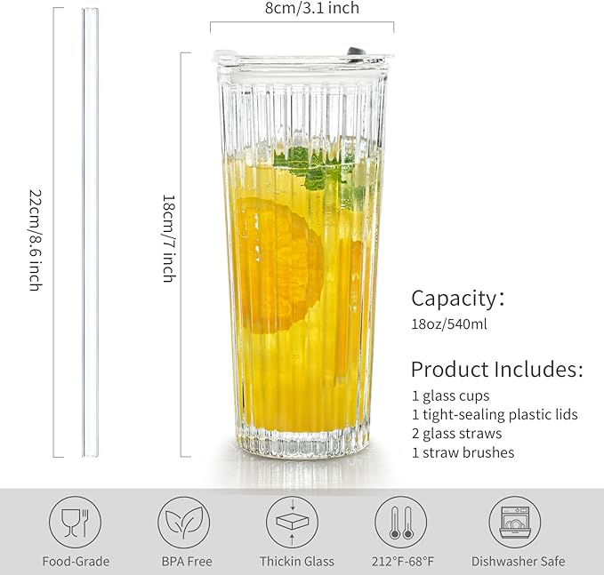 Puraville 18oz Glass Cup with Lid and Straw, Vintage Ribbed Striped Thickened Glassware for Whiskey Cocktail Beer, Mason Jar Drinking Glasses Tumbler Iced Coffee Cup, Clear