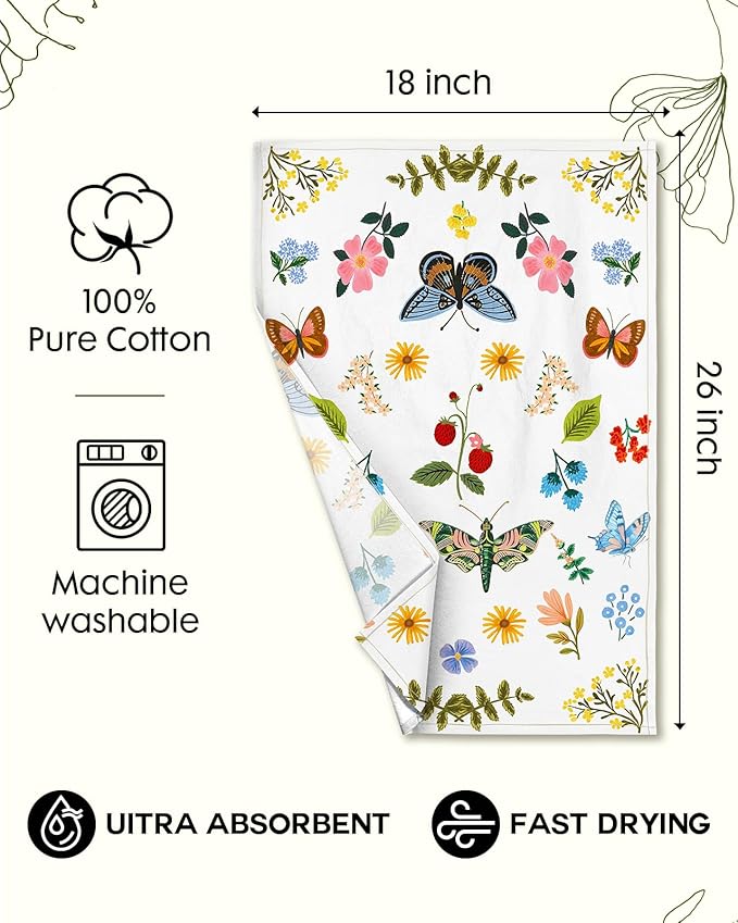Flour Sack Kitchen Towels Set of 2-18x26 Cotton Dish Towels with Hanging Loop Reusable Tea Towel for Cleaning Spring Absorbent Dishcloths Cute Home Decor Housewarming, Butterfly Garden