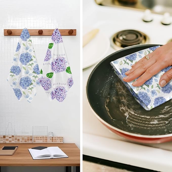 Jztco 2Pcs Hydrangea Spring Kitchen Towels 24x14 Inch, Hydrangea Waffle Hand Towels for Kitchen Home Decor, Absorbent Microfiber Dish Cloth Tea Towel, Floral Housewarming Gifts for Women Mom